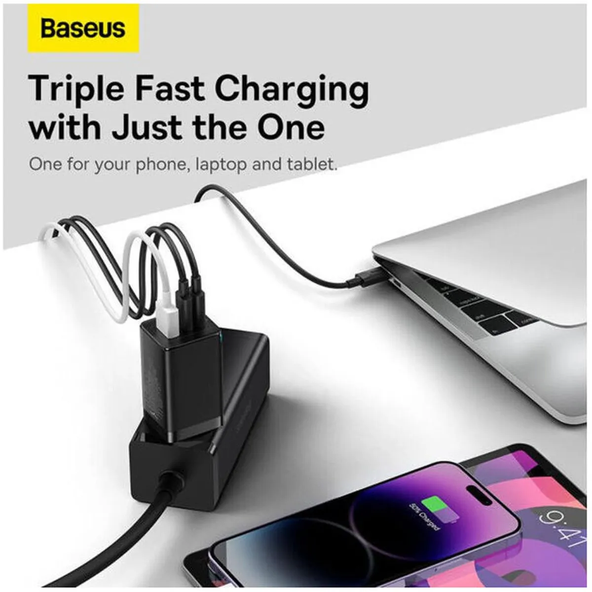 Baseus CCGP120201 Oplader 65W - 3x USB - Zwart