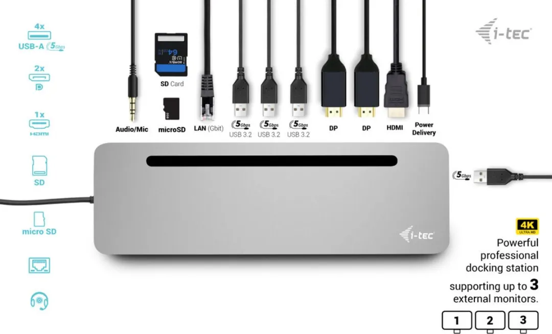 I-tec C31FLAT2PDPRO Laptopdock - USB 3.2 Gen 1 - Zilver