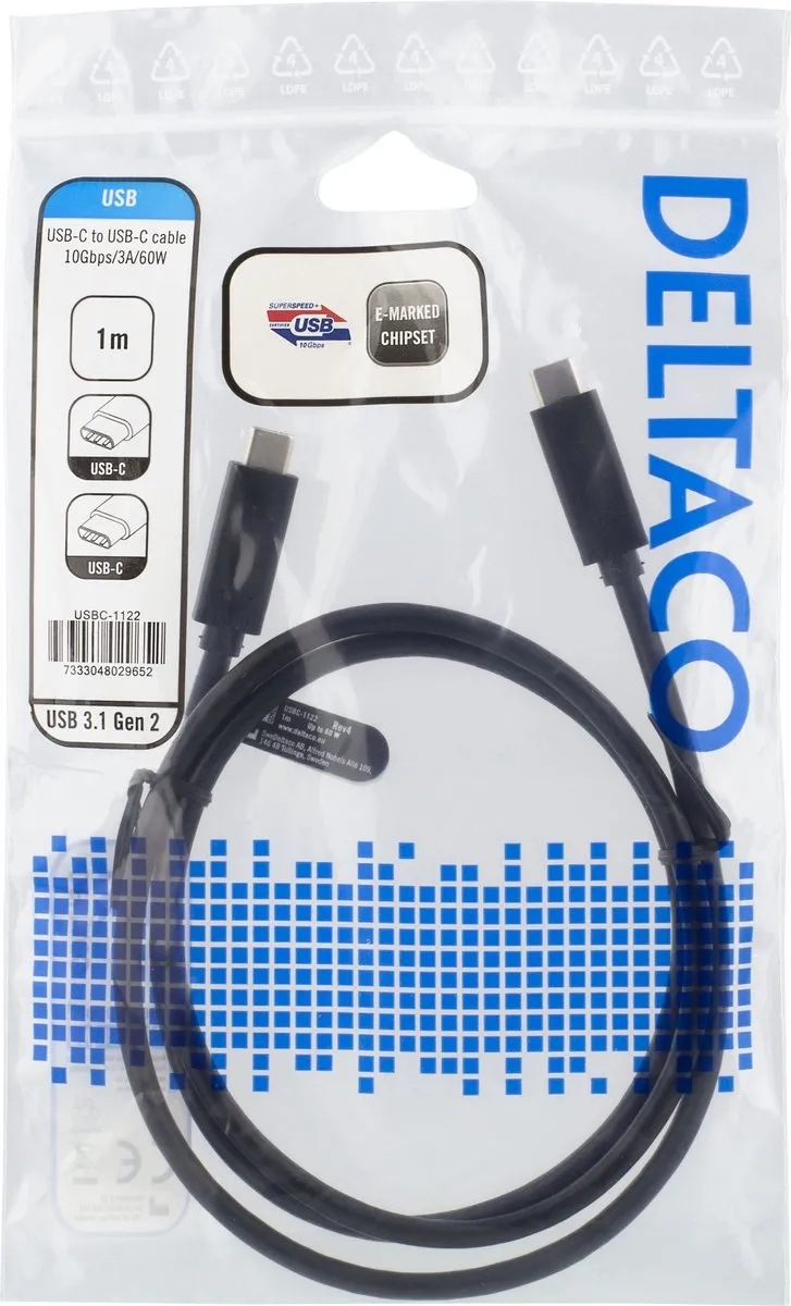 Deltaco USBC-1122 USB-C Kabel 1M - Zwart