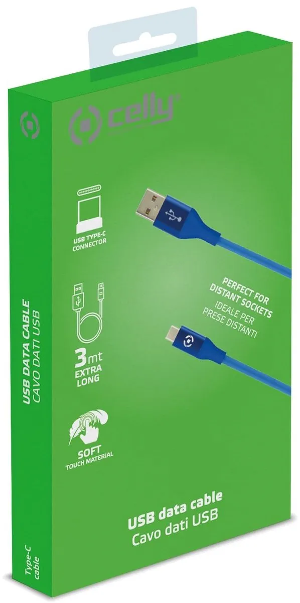 Celly Feeling Oplaadkabel 15W USB-A naar USB-C 3.0m - Blauw