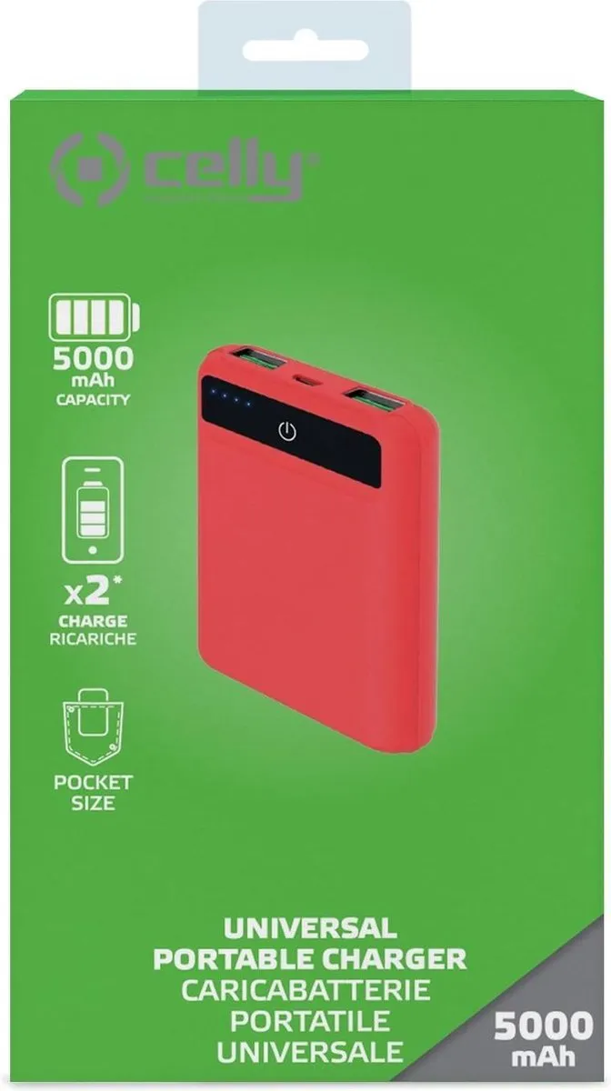 Celly Powerbank Pocket 5000mAh PBPOCKET5000RD - 2x USB - Rood