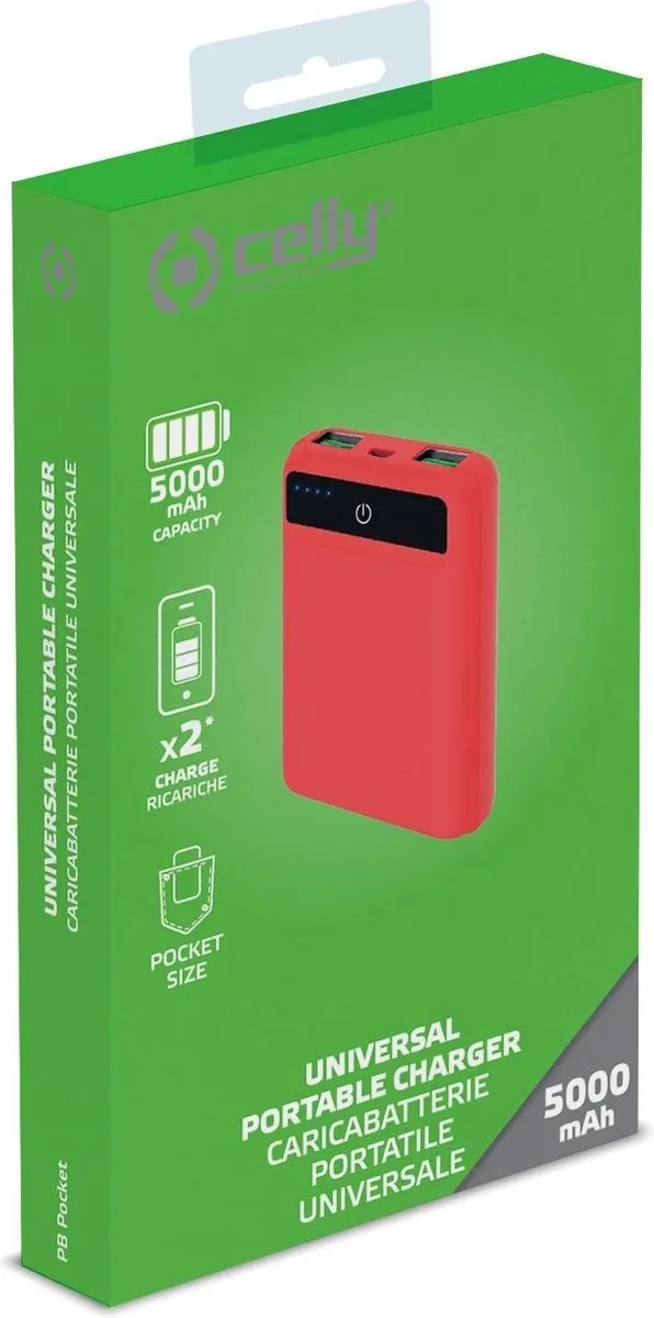 Celly Powerbank Pocket 5000mAh PBPOCKET5000RD - 2x USB - Rood