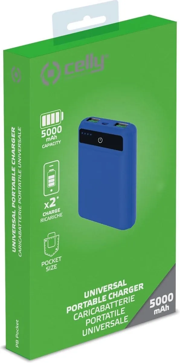 Celly Powerbank Pocket 5000mAh - 2x USB - Blauw