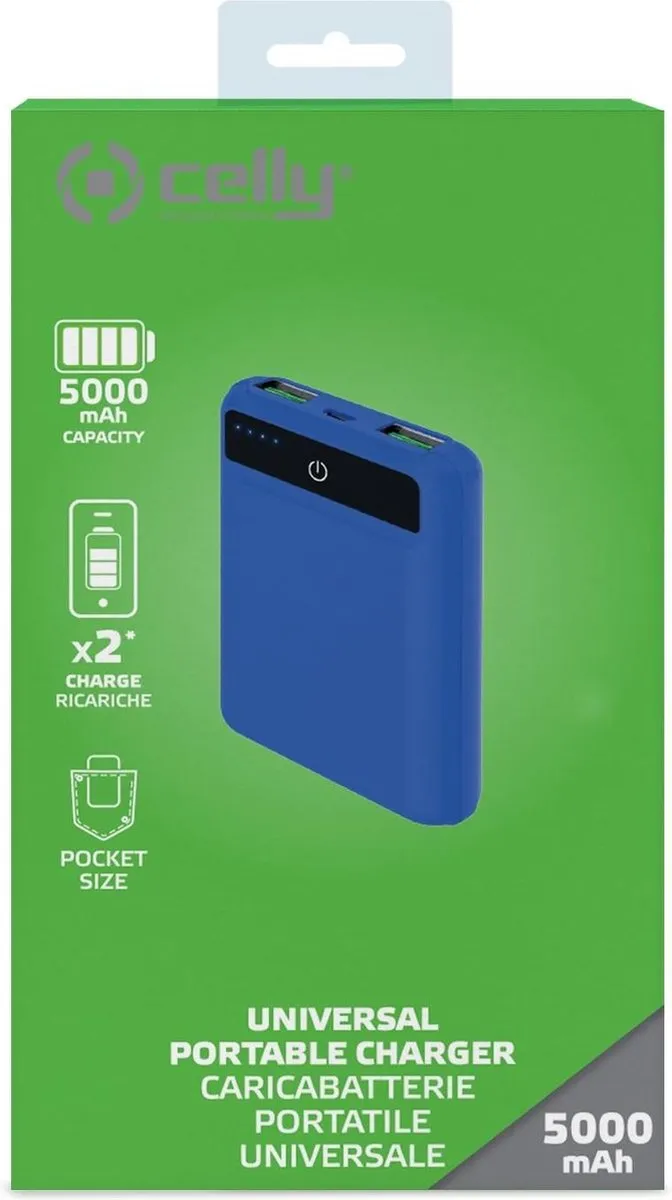 Celly Powerbank Pocket 5000mAh - 2x USB - Blauw