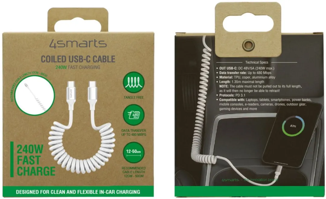 4Smarts USB-C naar USB-C Krulsnoer 240W Power Delivery 50cm - Wit