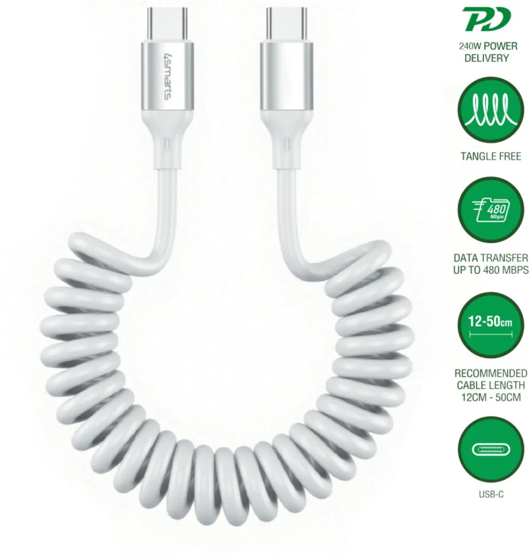 4Smarts USB-C naar USB-C Krulsnoer 240W Power Delivery 50cm - Wit
