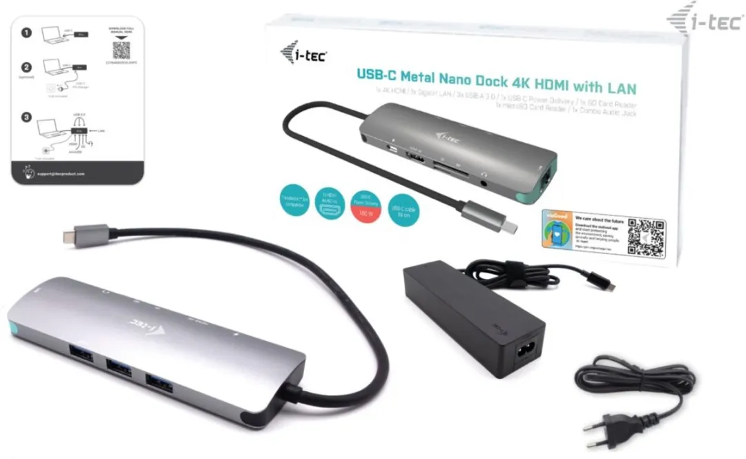 I-tec C31NANOLANPD100 USB-C Metal Nano Docking Station - 100W - Grijs