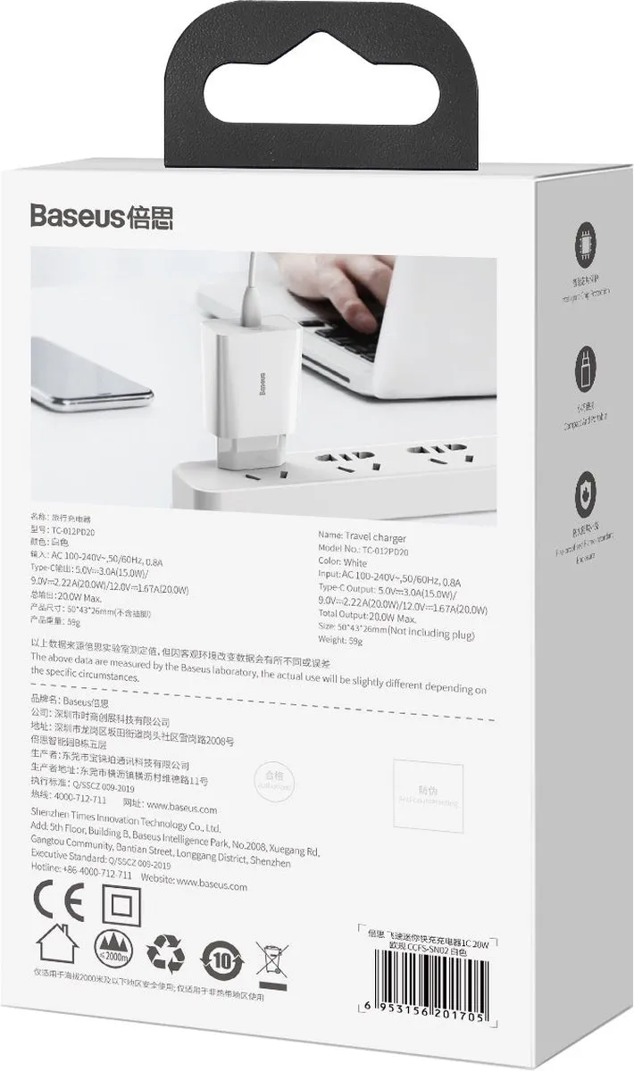 Baseus CCFS-SN02 USB-C Oplader 20W - Wit - afbeelding 6 van 6