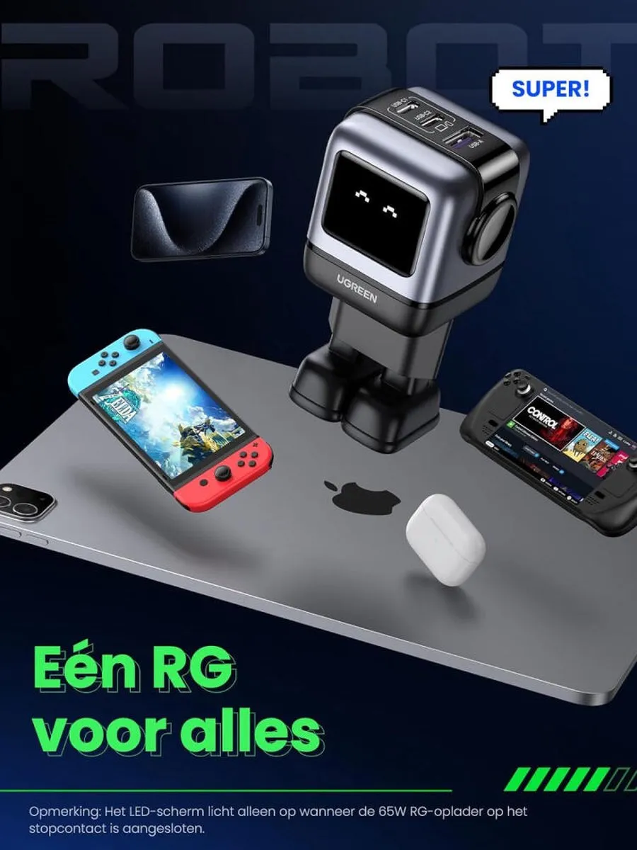 Ugreen Nexode RG 65W GaN Oplader - 2x USB-C 1x USB-A - Zwart