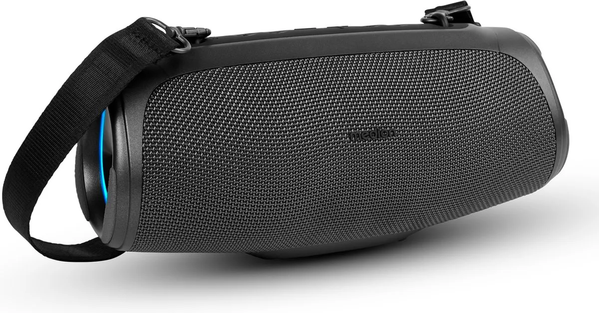 MEDION P61746 draagbare Bluetooth luidspreker (oplaadbare batterij, bass boost, RGB lichteffecten, IPX7 waterbescherming & robuust, geïntegreerde powerbank, 2x 15 W RMS) Antraciet