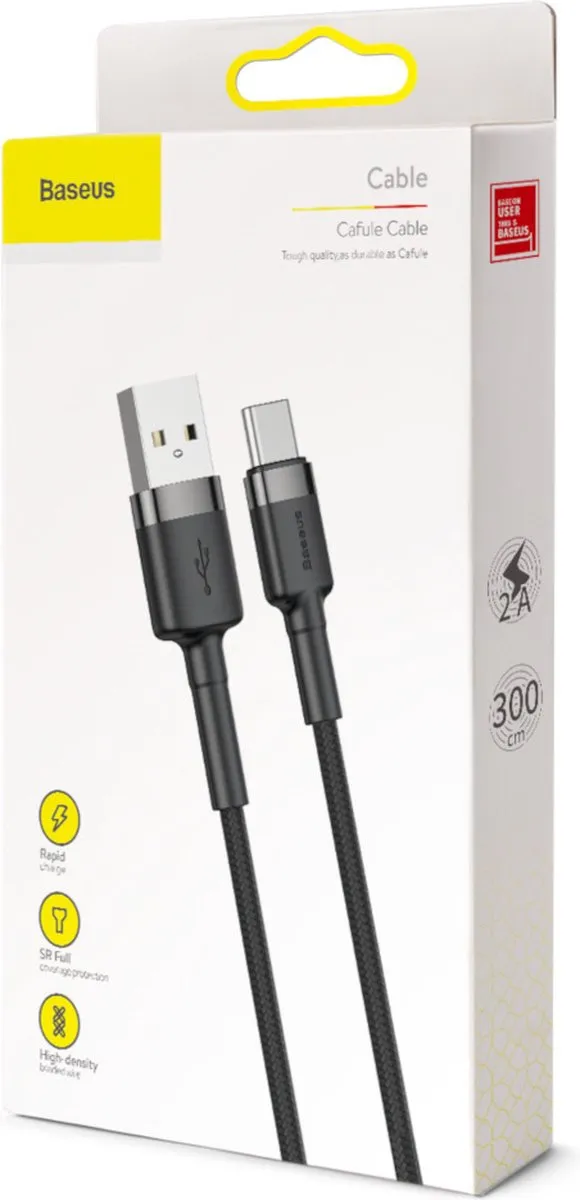 Baseus Cafule USB naar USB-C Kabel 3m CATKLF-UG1 - 2A - Zwart