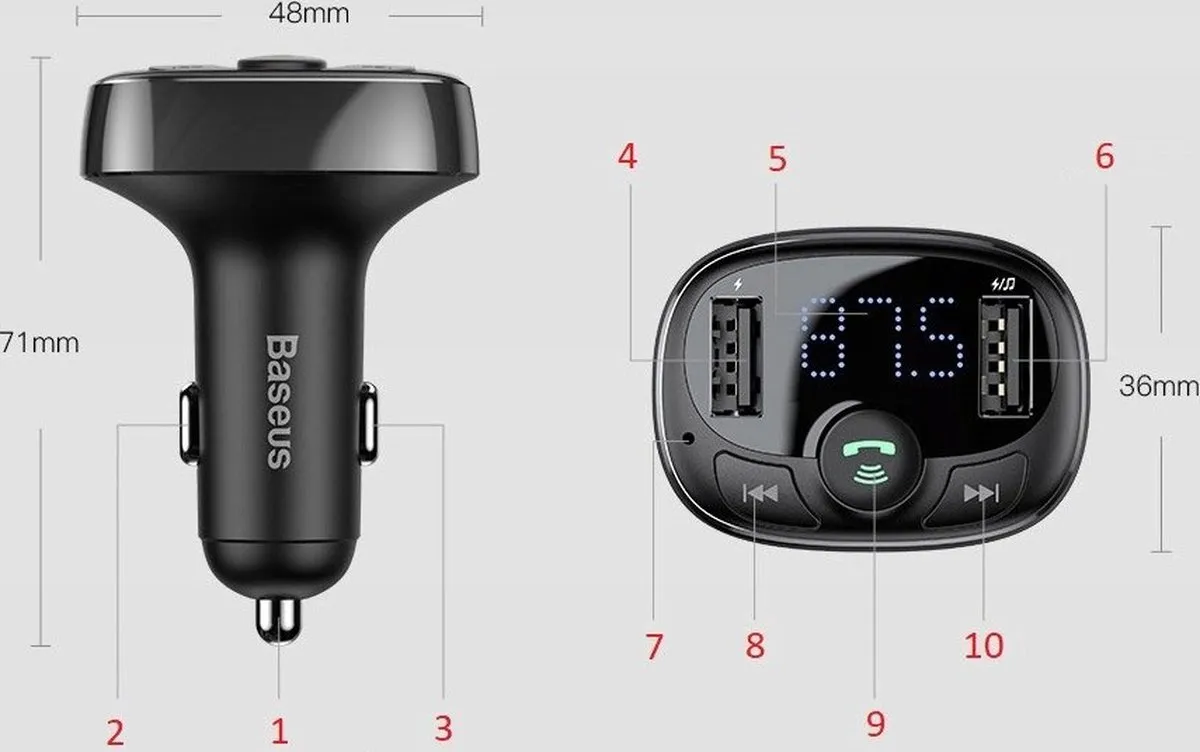 Baseus 6953156288287 Bluetooth FM Transmitter Autolader - 2 USB Poorten - afbeelding 6 van 6