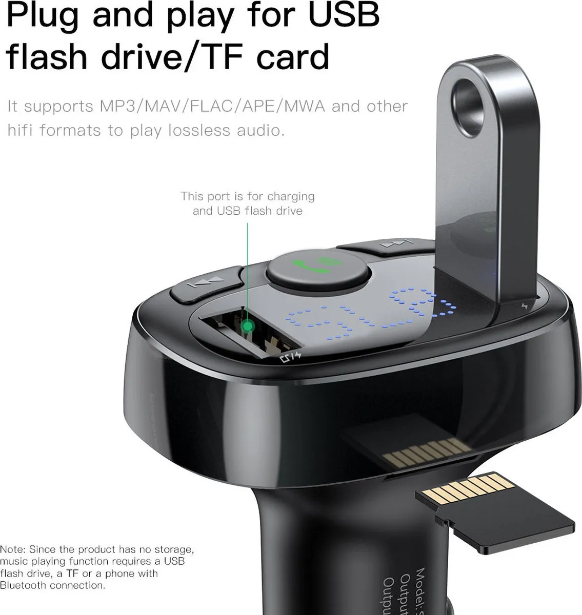 Baseus 6953156288287 Bluetooth FM Transmitter Autolader - 2 USB Poorten - afbeelding 2 van 6