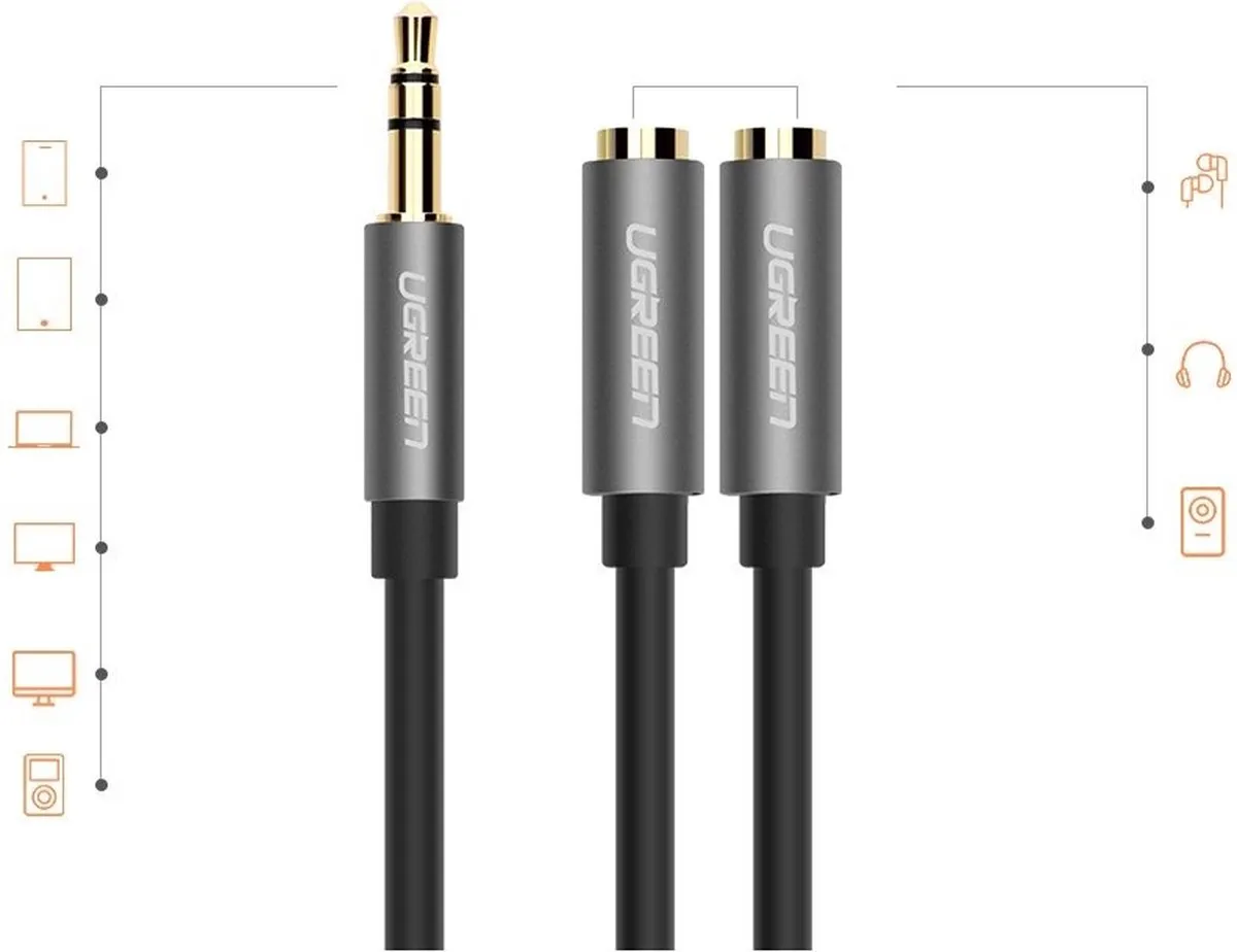 UGREEN Audio Splitter 3.5mm 10532B-Grijs - 1 naar 2 - afbeelding 3 van 6