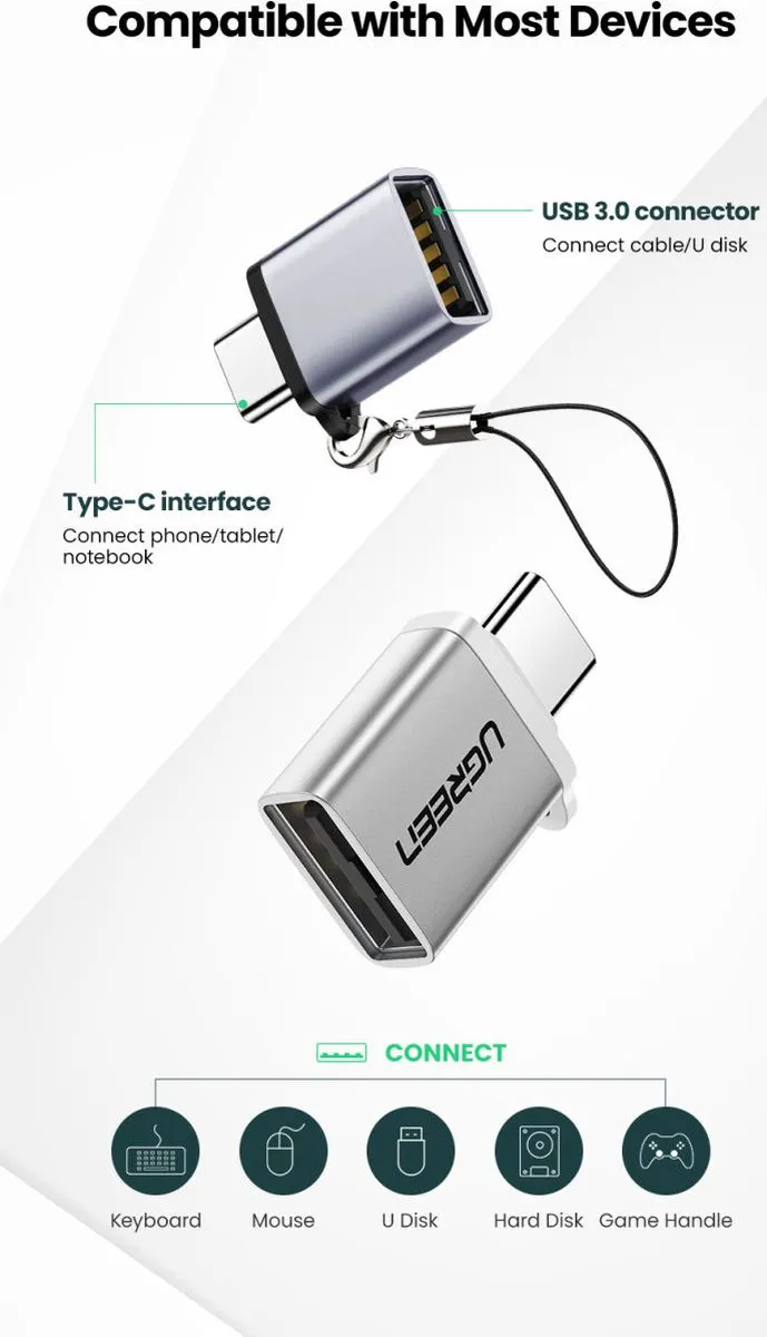 UGreen US270-50283 USB-C naar USB-A Adapter - OTG - Zilver/Grijs