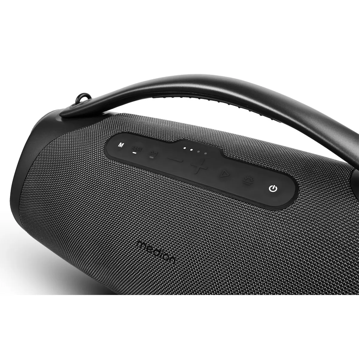 MEDION P61768 draagbare Bluetooth luidspreker (oplaadbare batterij, bass boost, RGB lichteffecten, IPX7 waterbescherming & robuust, geïntegreerde powerbank, 100W (RMS) totaal, 2x 25W + 50W) Antraciet