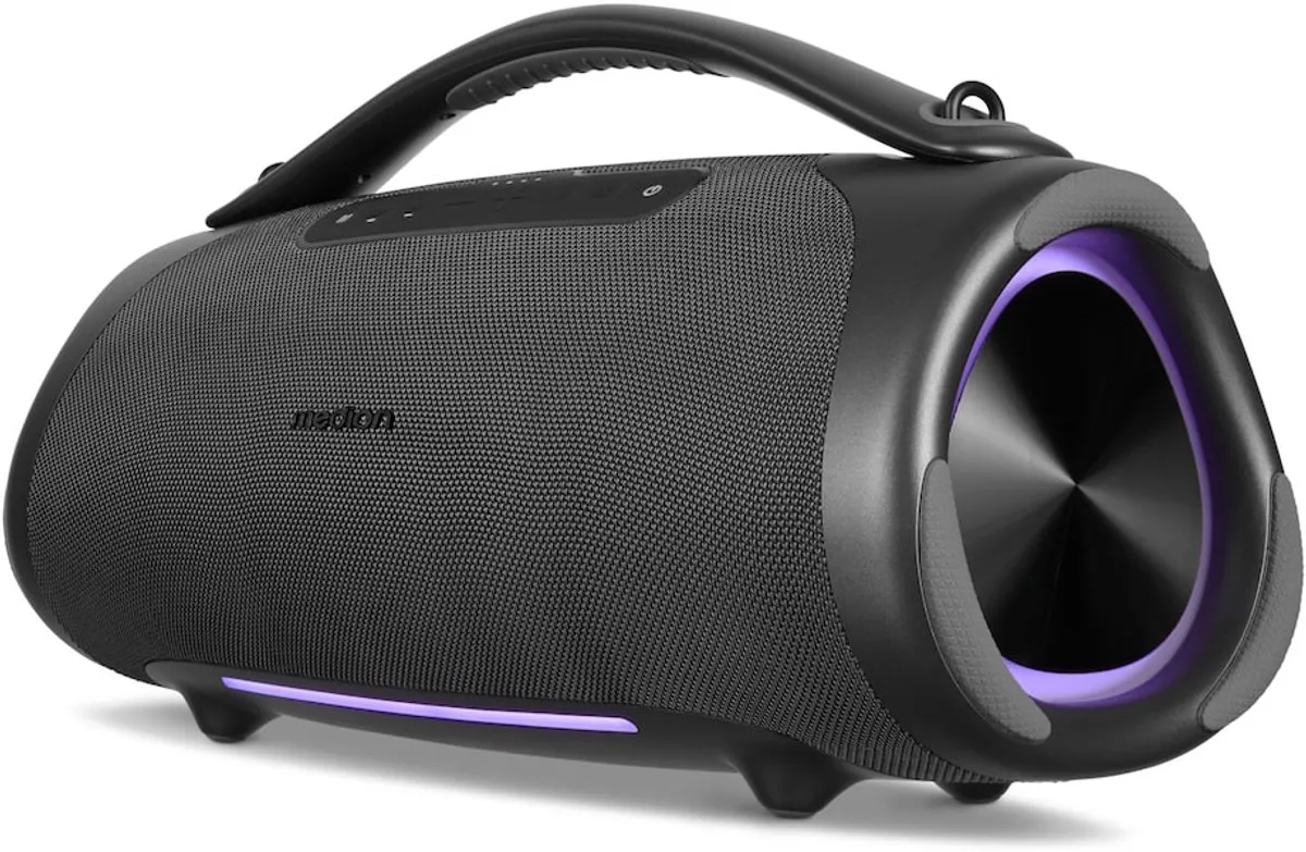 MEDION P61768 draagbare Bluetooth luidspreker (oplaadbare batterij, bass boost, RGB lichteffecten, IPX7 waterbescherming & robuust, geïntegreerde powerbank, 100W (RMS) totaal, 2x 25W + 50W) Antraciet
