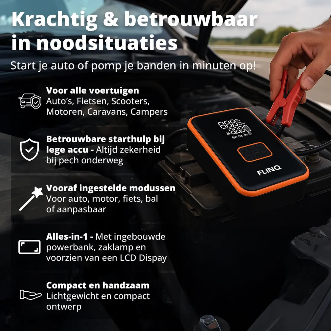 FlinQ 12V Jumpstarter voor Auto & Motor - 4-in-1 Luchtcompressor, LED Zaklamp, SOS Noodlicht & Powerbank - Elektrische Bandenpomp - Starthulp - Incl Opbergtas
