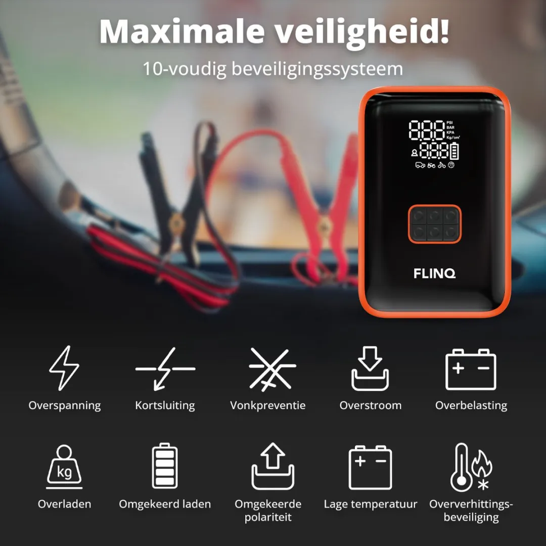 FlinQ 12V Jumpstarter voor Auto & Motor - 4-in-1 Luchtcompressor, LED Zaklamp, SOS Noodlicht & Powerbank - Elektrische Bandenpomp - Starthulp - Incl Opbergtas