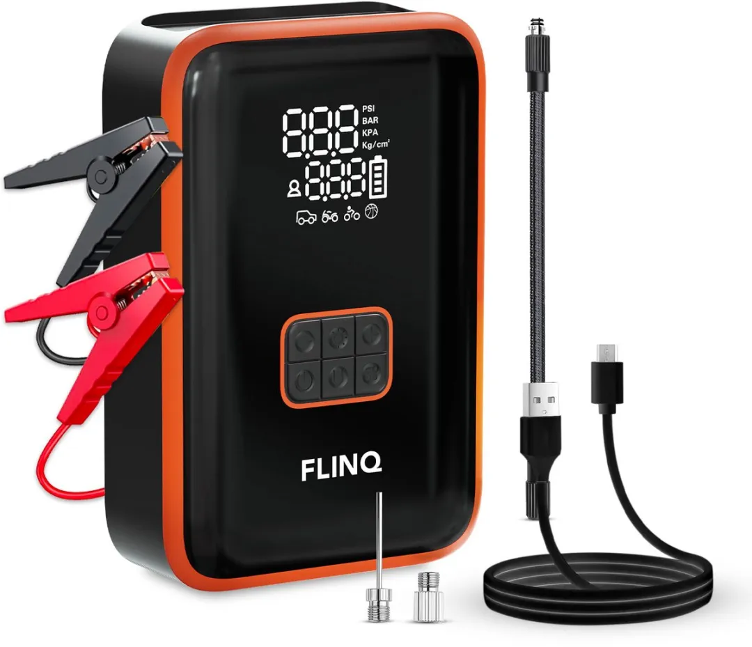 FlinQ 12V Jumpstarter voor Auto & Motor - 4-in-1 Luchtcompressor, LED Zaklamp, SOS Noodlicht & Powerbank - Elektrische Bandenpomp - Starthulp - Incl Opbergtas