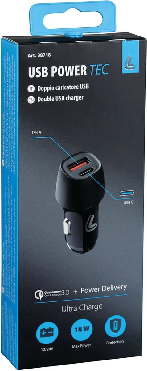 Lampa USB PowerTec 2-Poorts Lader - 18W - Zwart