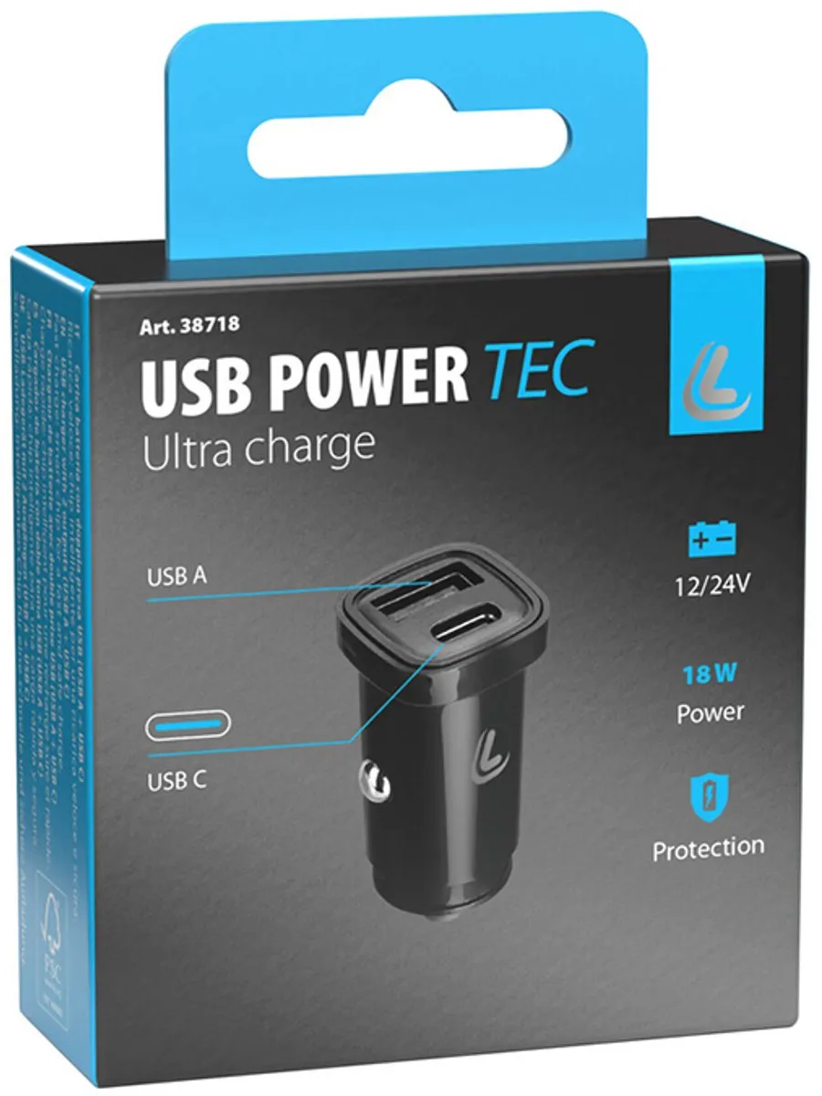Lampa USB PowerTec 2-Poorts Lader - 18W - Zwart