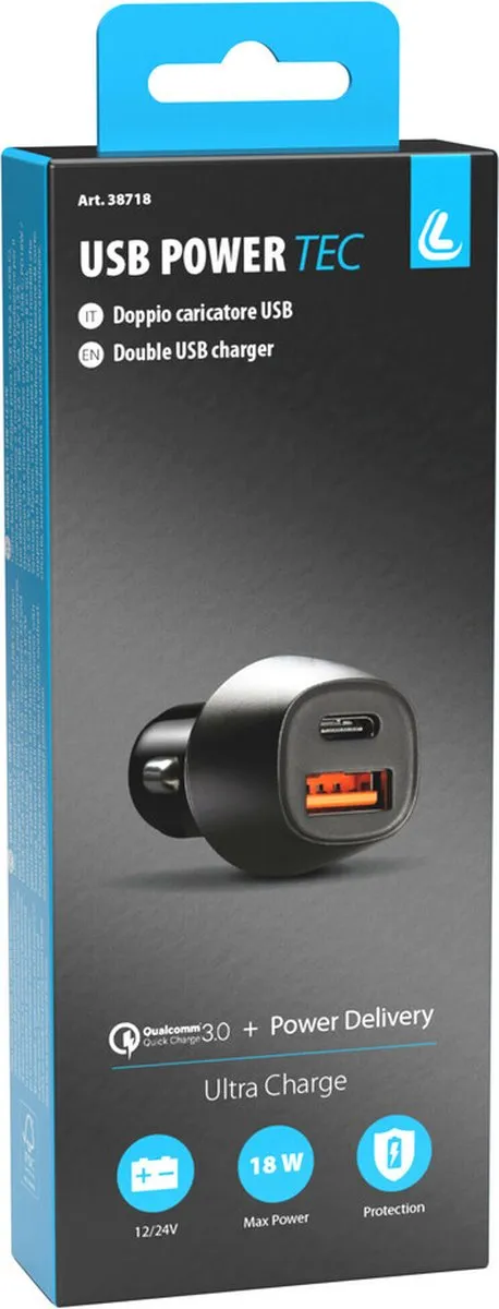 Lampa USB PowerTec 2-Poorts Lader - 18W - Zwart