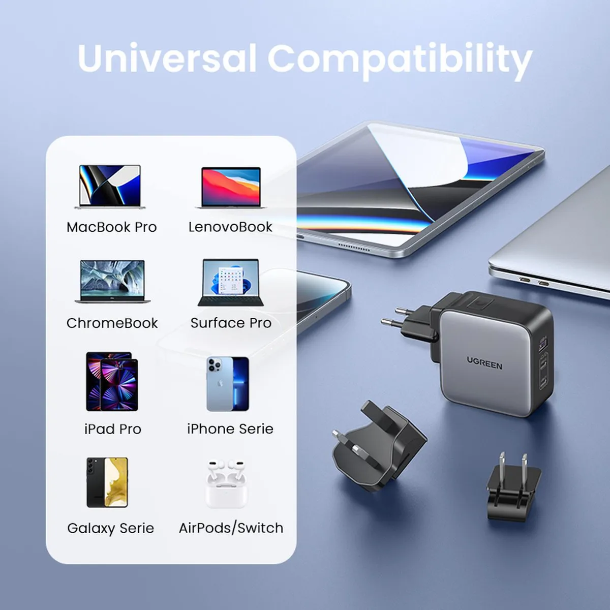 Ugreen GaN CD296 Reislader 65W - 3x USB-C - Zwart/Grijs