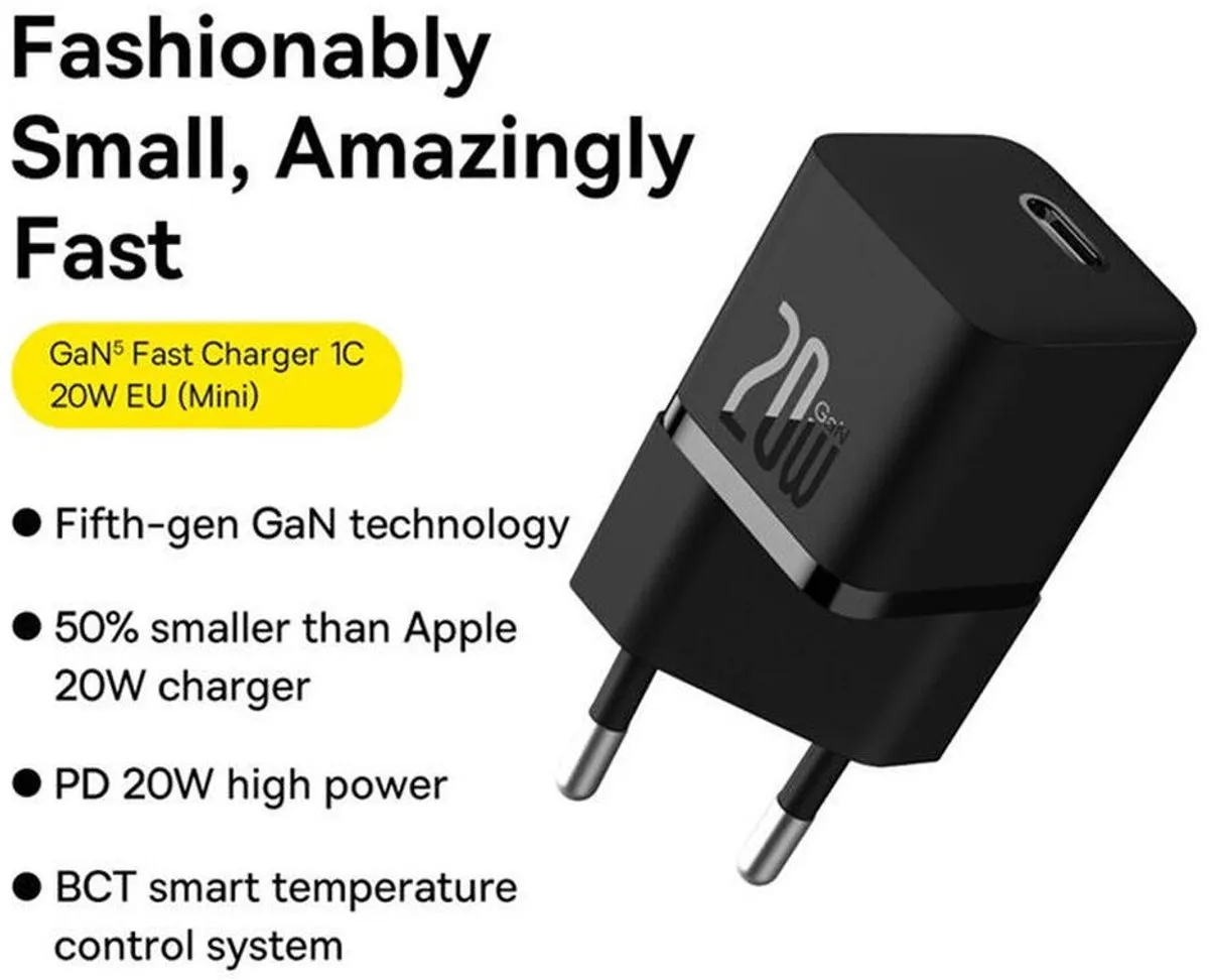 Baseus GaN5 CCGN050101 USB-C Laadblok 20W - Zwart