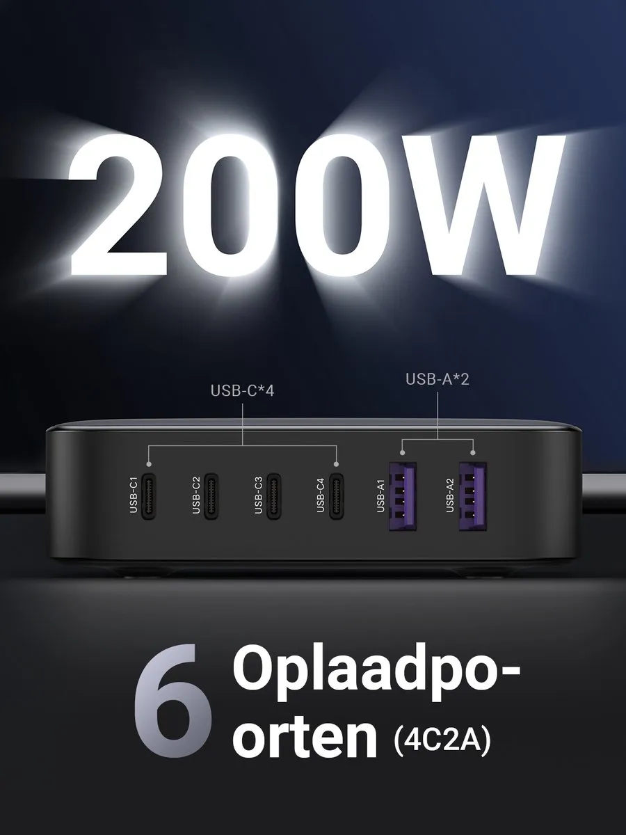 UGREEN GaN II 200W Oplader ugreen200w - 6x USB-C/USB-A - afbeelding 6 van 6