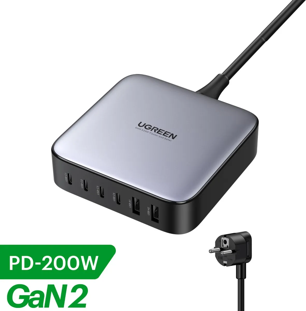 UGREEN GaN II 200W Oplader ugreen200w - 6x USB-C/USB-A