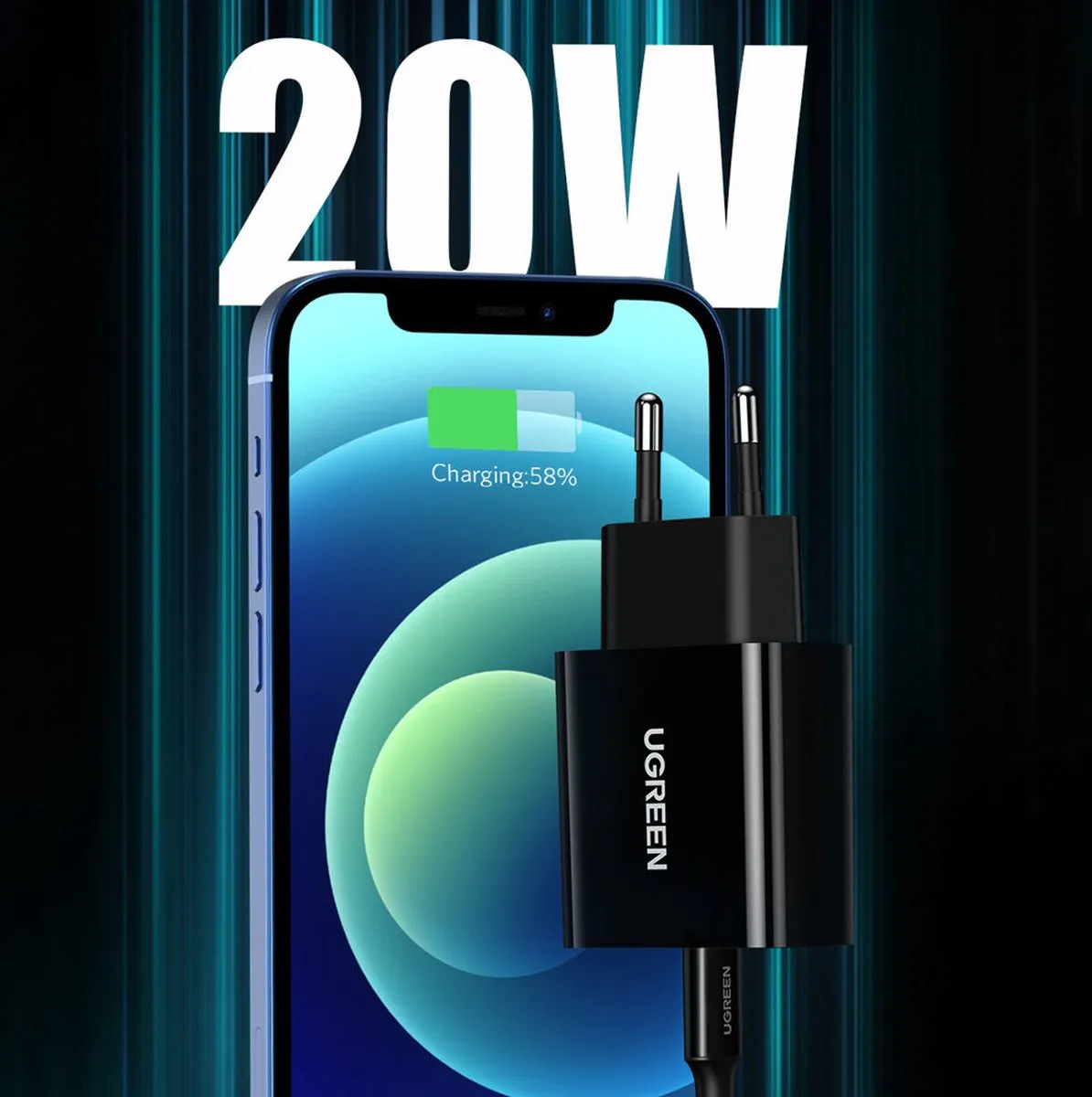 Ugreen USB Type C 20W Power Delivery Wandlader - Zwart