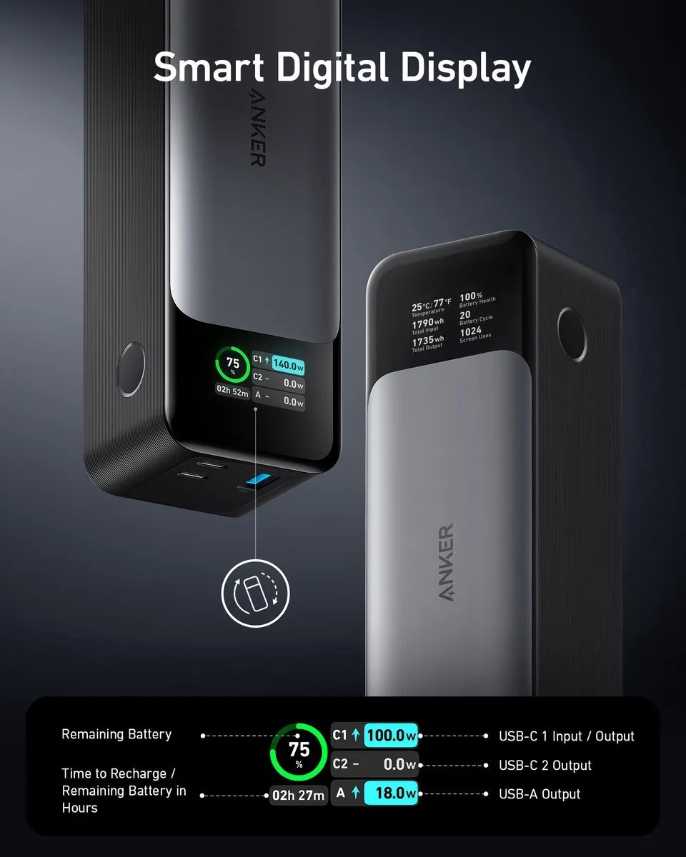 Anker 737 A1289011 PowerBank 24.000mAh + 100W USB-C Nano Adapter - 5x opladen - Zwart