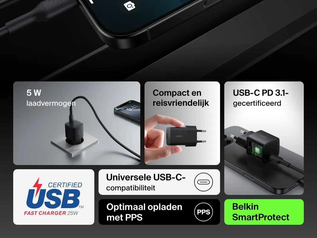 Belkin USB C Wandlader 25W - 1m USB C-kabel - Zwart