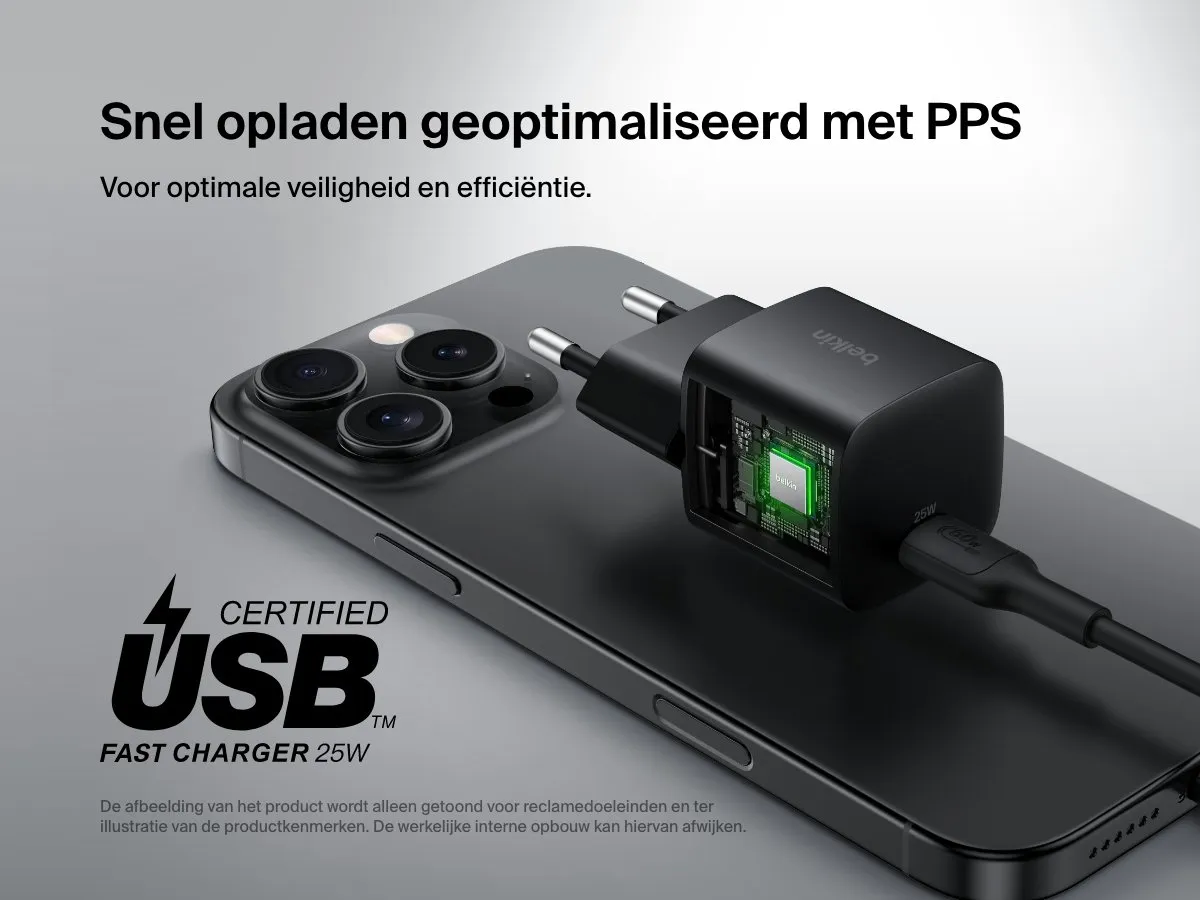 Belkin USB C Wandlader 25W - 1m USB C-kabel - Zwart