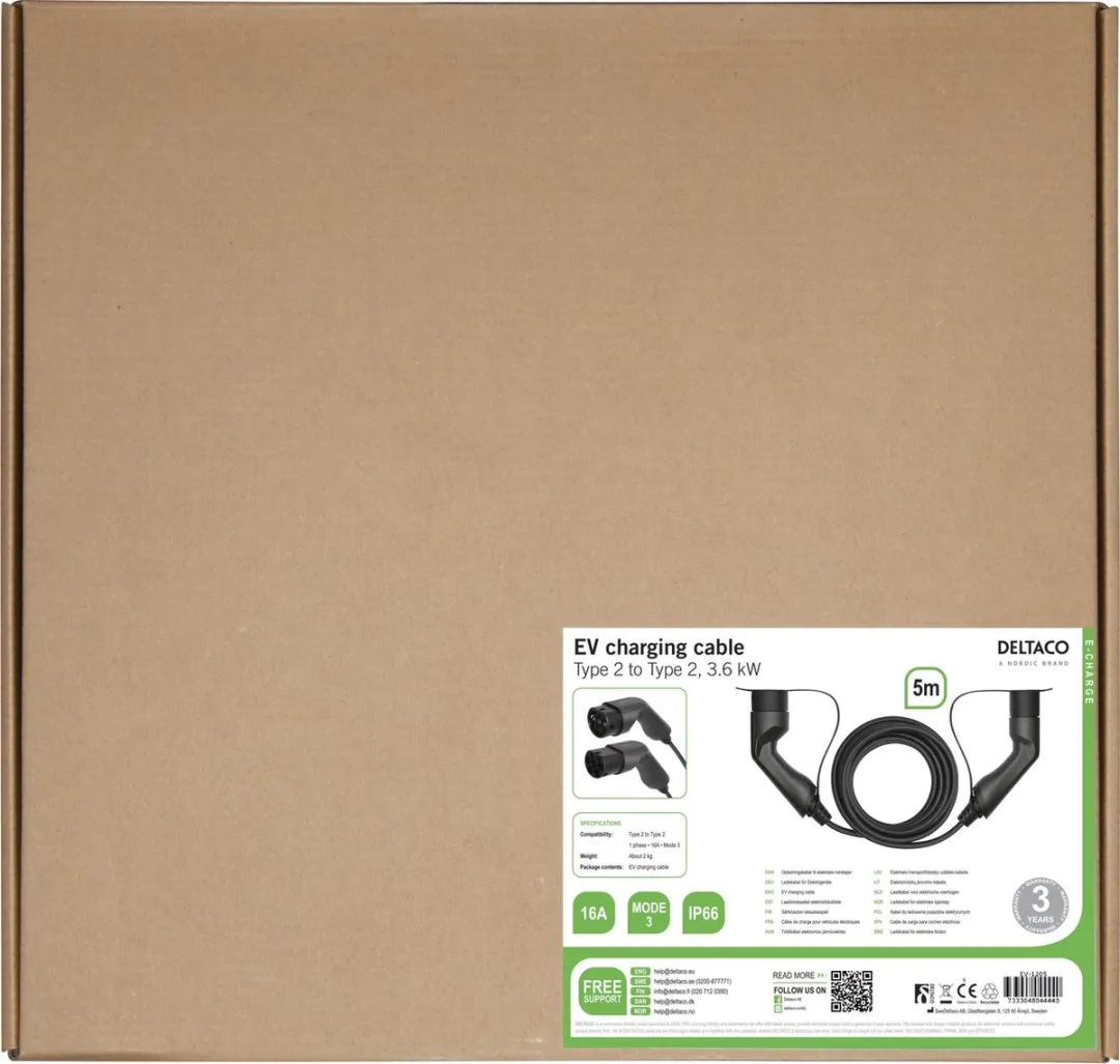 Deltaco EV-1205 e-Charge Oplaadkabel voor Elektrische Auto - Type 2 - 16A / 3.6kW - 5 m - Zwart