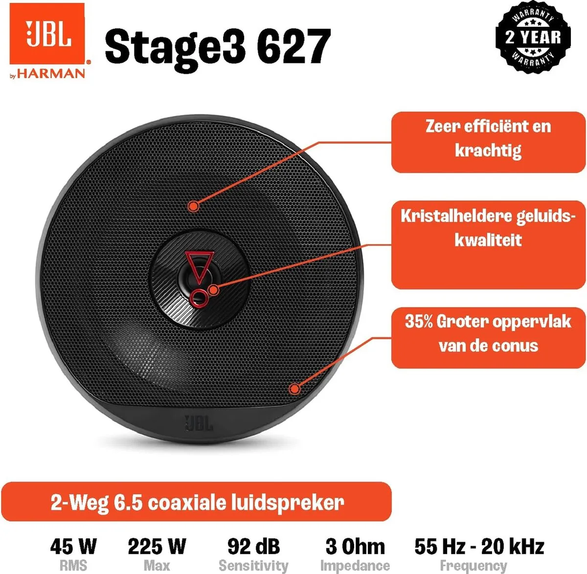 JBL Stage3 627 Autospeakers 225W - 2x16,5cm Zwart - afbeelding 6 van 6
