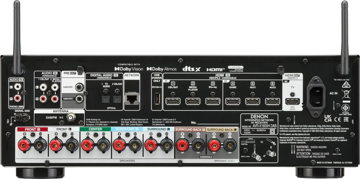 Denon AVR-X1800H AV Receiver met DAB-Radio, 7.2 kanalen, HEOS® Built-In, 3D-Audio Versterker, Bluetooth en WIFI ingebouwd en 8K HDMI-Aansluiting- Zwart