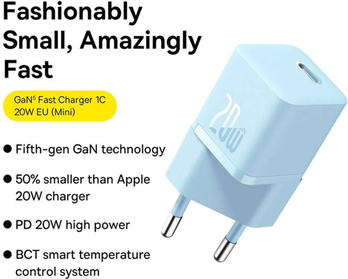 Baseus GaN5 CCGN050103 USB-C Snellader 20W - Blauw - afbeelding 6 van 6