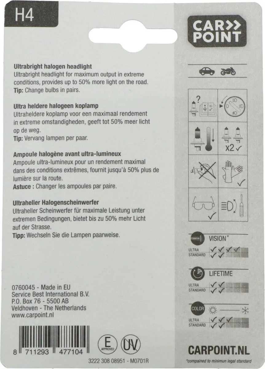 Carpoint Ultrabright H4 Halogeenlamp 12V60/55W - Helder Wit