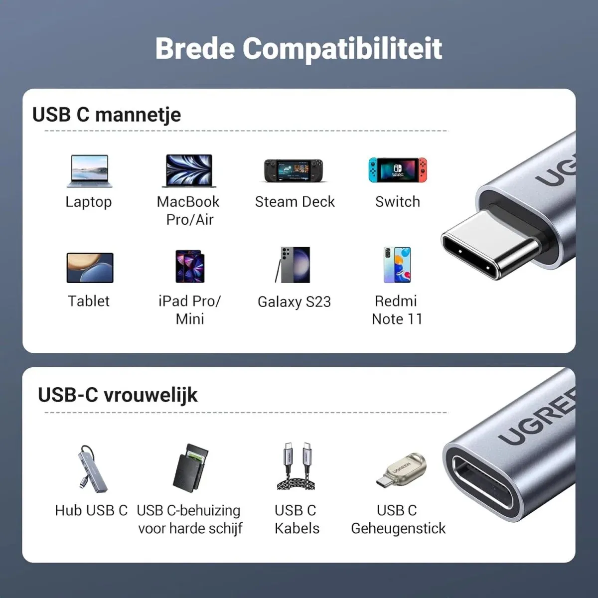 Ugreen USB-C 3.1 Verlengkabel 10Gb/s 1m - Grijs - afbeelding 6 van 6