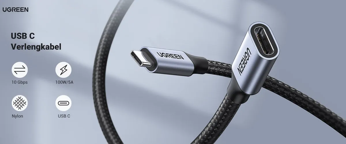 Ugreen USB-C 3.1 Verlengkabel 10Gb/s 1m - Grijs