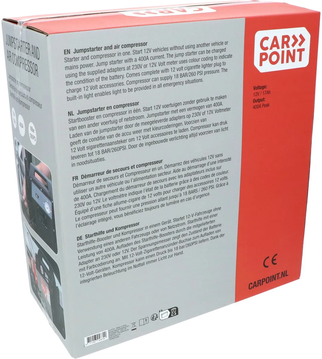Carpoint Jumpstarter 400A met Luchtcompressor 18 BAR - 17000mAh Rood