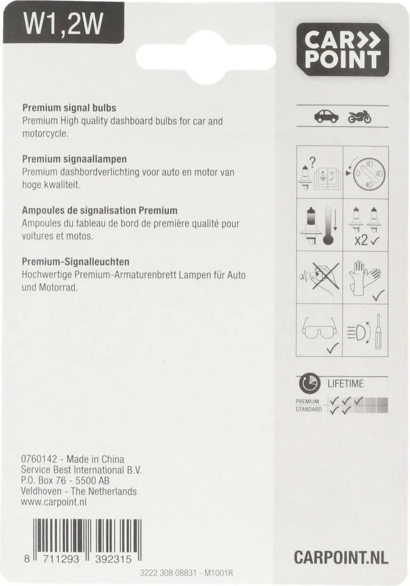 Carpoint Premium W1.2W Autolampen 12V - 2 Stuks
