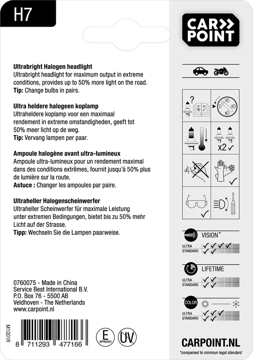 Carpoint UltraBright H7 12V Halogeenlamp - 55W - 2 Stuks
