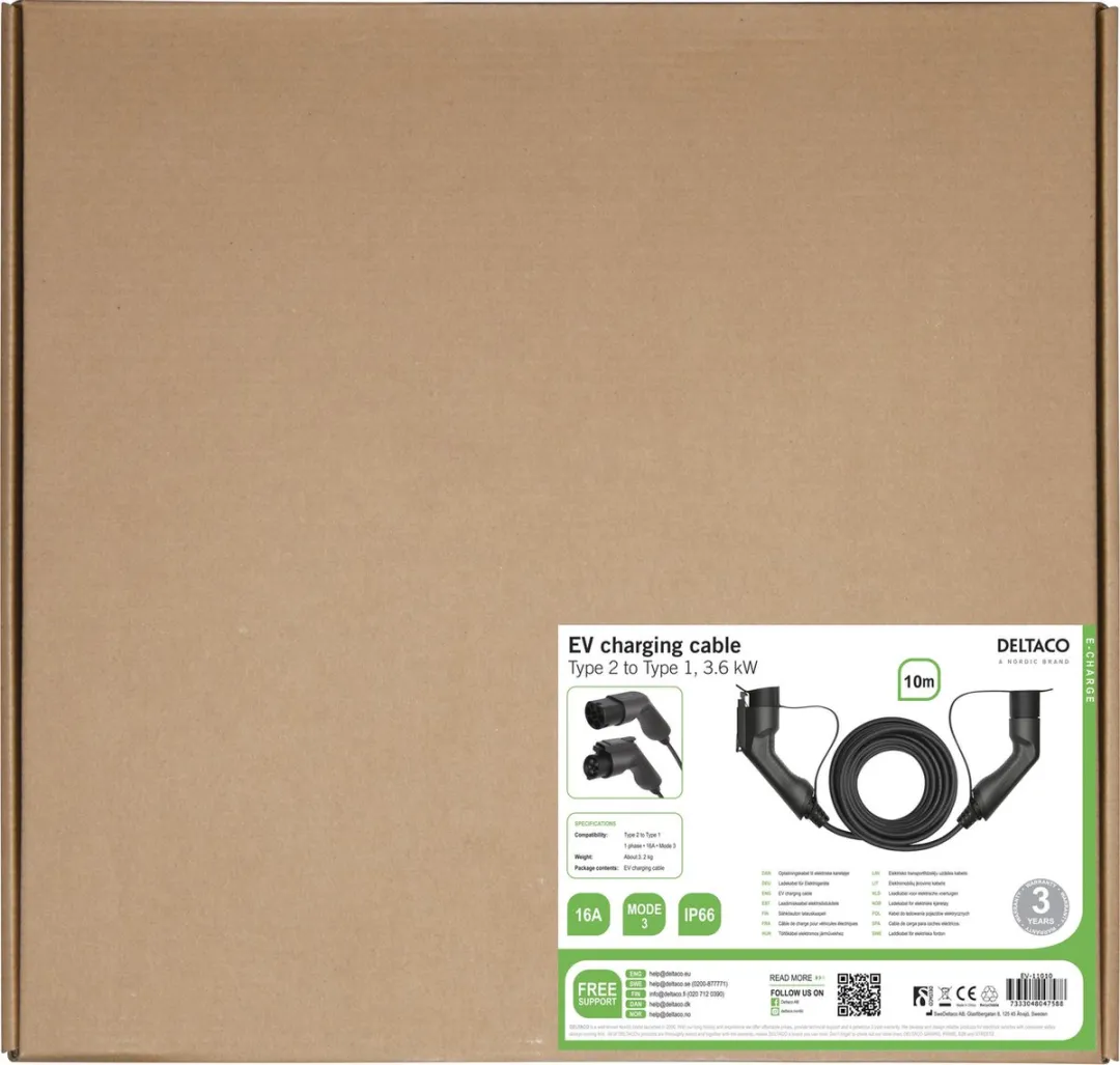 Deltaco e-Charge Kabel Type 2 - Type 1 16A 10m - Zwart