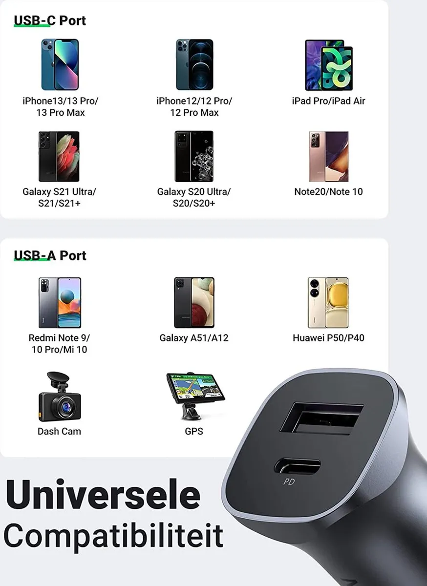 Ugreen Autolader USB-C 24W Power Delivery - Zwart