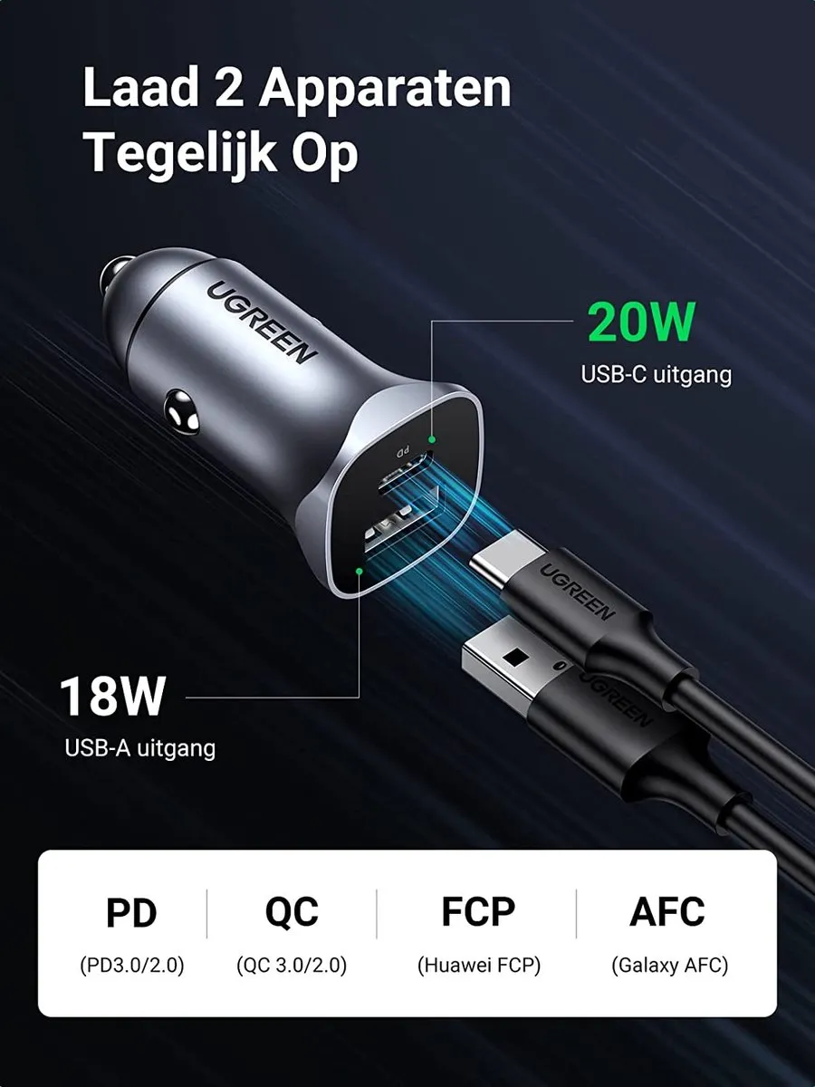 Ugreen Autolader USB-C 24W Power Delivery - Zwart