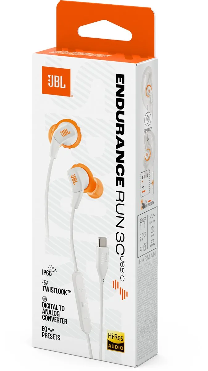 JBL Endurance Run 3C USB-C Sport Oordopjes - IP65 - Wit - afbeelding 6 van 6