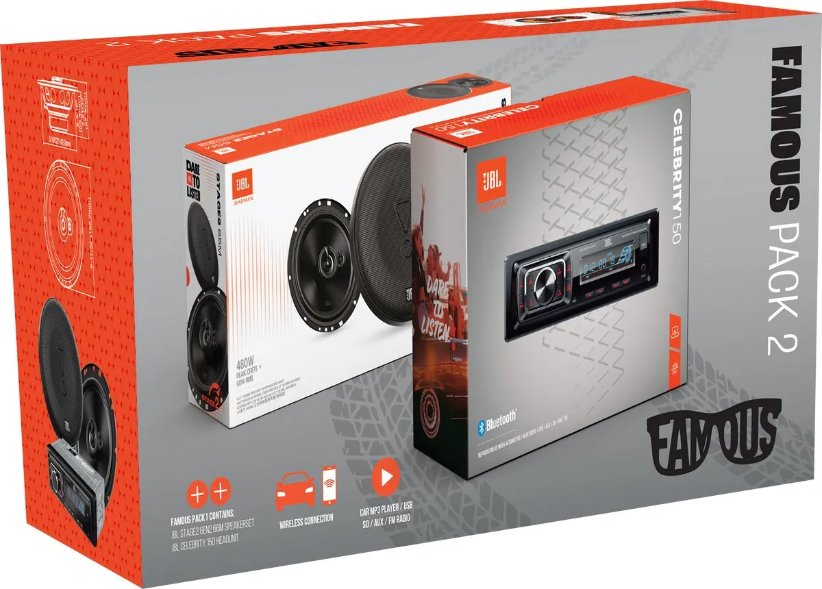 JBL Famous Pack 2 - Autoradio Celebrity150 + Stage2 65M Autospeakers – USB/SD/FM – 480 W – Complete Car Audio Upgrade